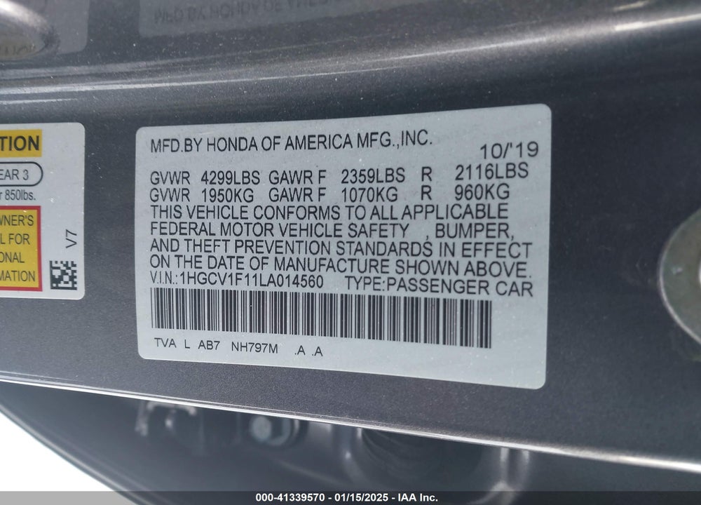 2020 HONDA ACCORD VIN: 1HGCV1F11LA014560