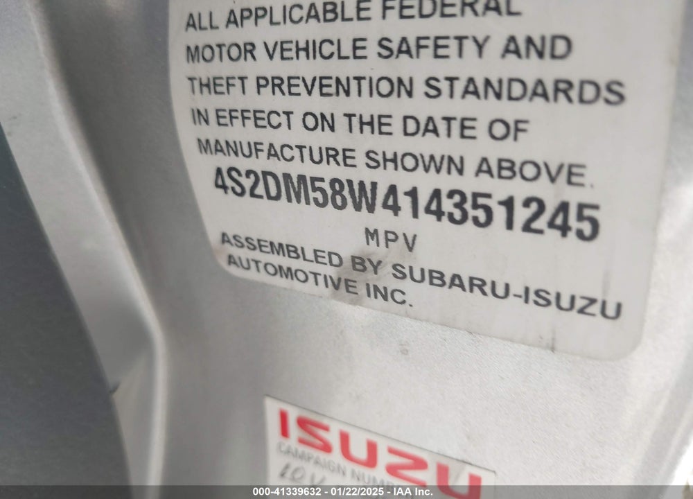 2001 ISUZU RODEO LS 3.2L/LS 3.2L V6/LSE 3.2L V6/S/S 3.2L V6 VIN: 4S2DM58W414351245