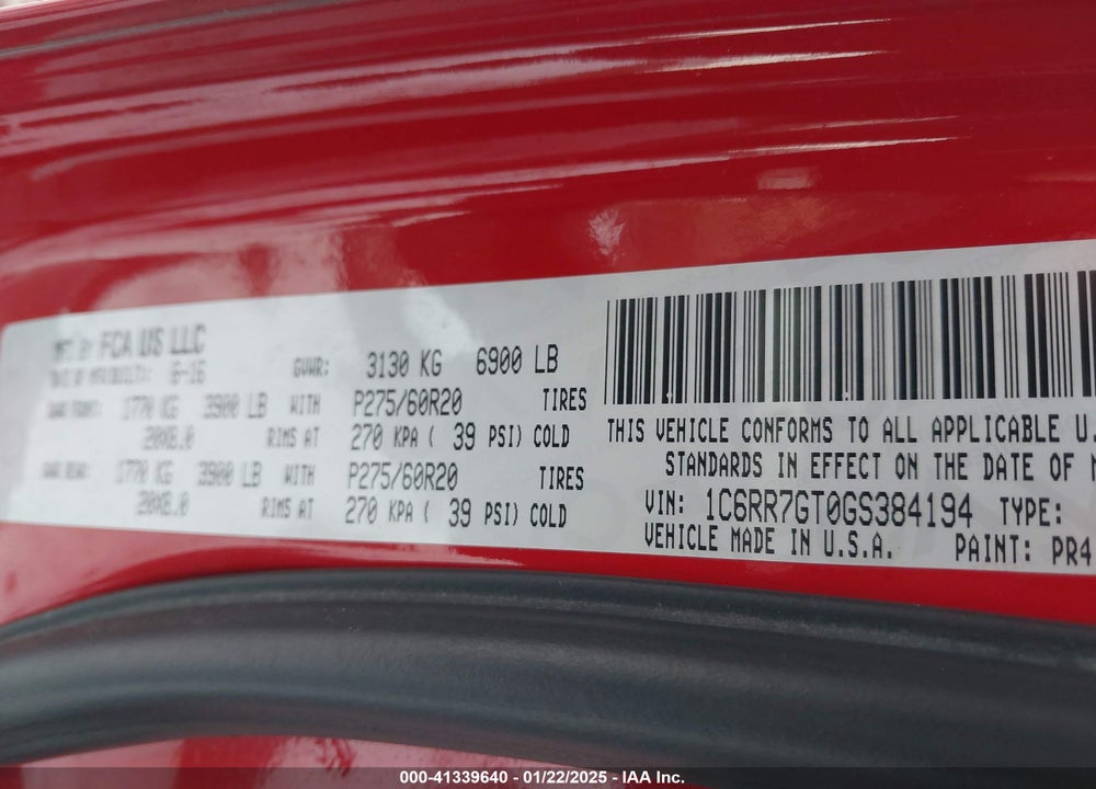 2016 RAM 1500 VIN: 1C6RR7GT0GS384194