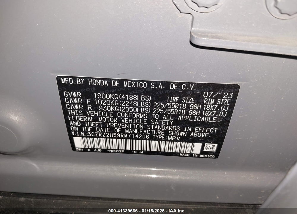 2024 HONDA HR-V VIN: 3CZRZ2H59RM714206