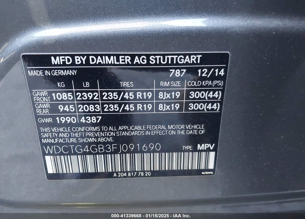 2015 MERCEDES-BENZ GLA 250 4MATIC VIN: WDCTG4GB3FJ091690