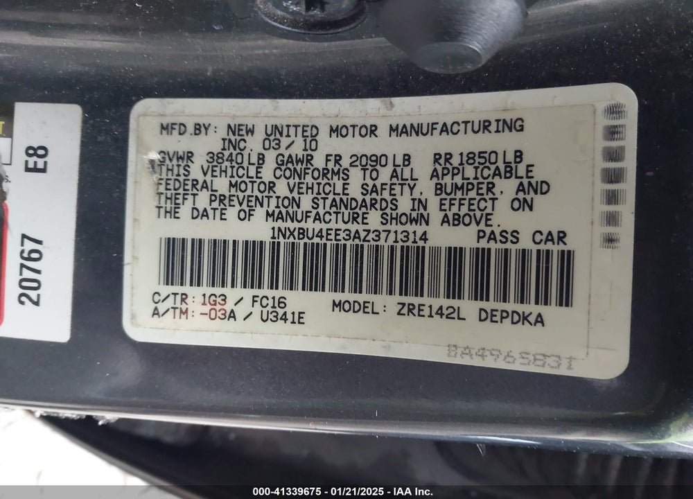 2010 TOYOTA COROLLA VIN: 1NXBU4EE3AZ371314