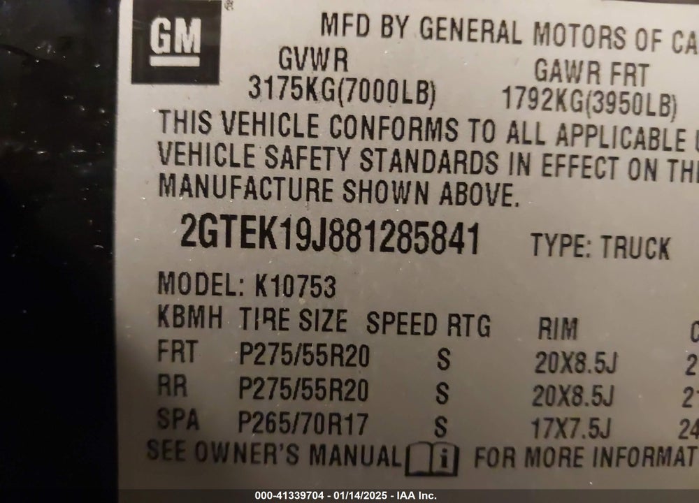 2008 GMC SIERRA 1500 VIN: 2GTEK19J881285841