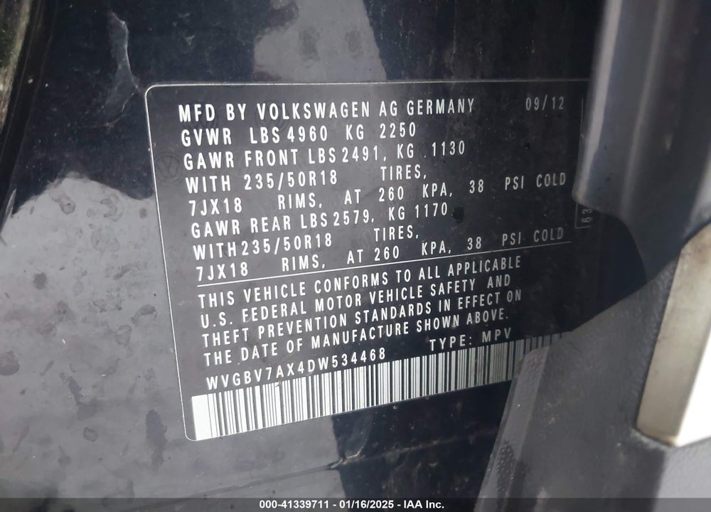2013 VOLKSWAGEN TIGUAN SE VIN: WVGBV7AX4DW534468