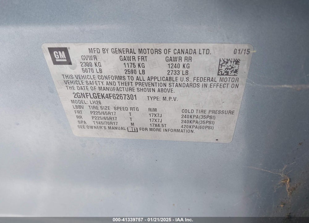 2015 CHEVROLET EQUINOX 2LT VIN: 2GNFLGEK4F6267301