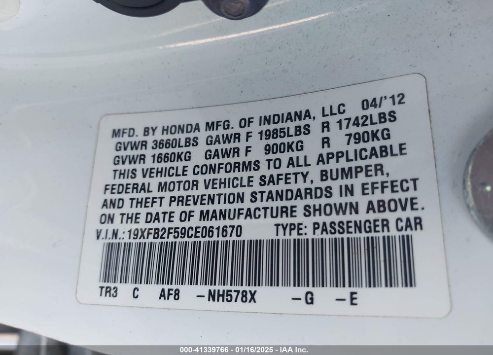 2012 HONDA CIVIC SDN LX VIN: 19XFB2F59CE061670