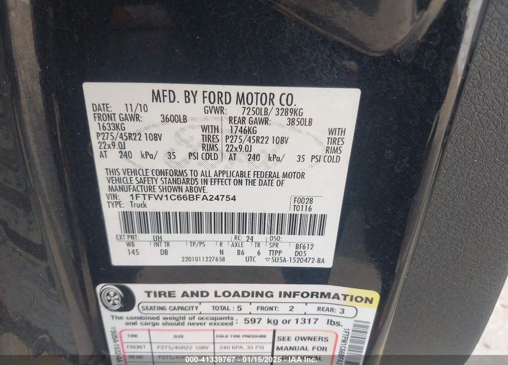 2011 FORD F150 VIN: 1FTFW1C66BFA24754