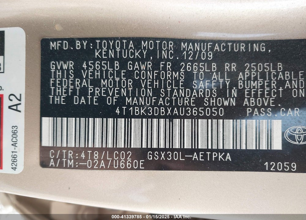 2010 TOYOTA AVALON LIMITED VIN: 4T1BK3DBXAU365050