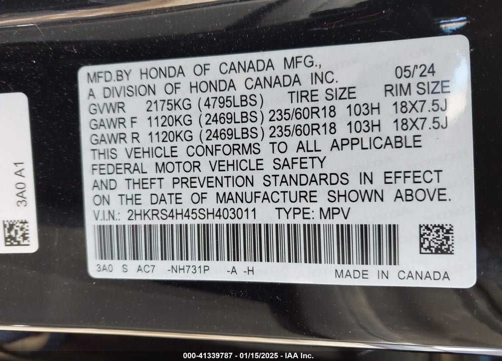 2025 HONDA CR-V EX AWD VIN: 2HKRS4H45SH403011
