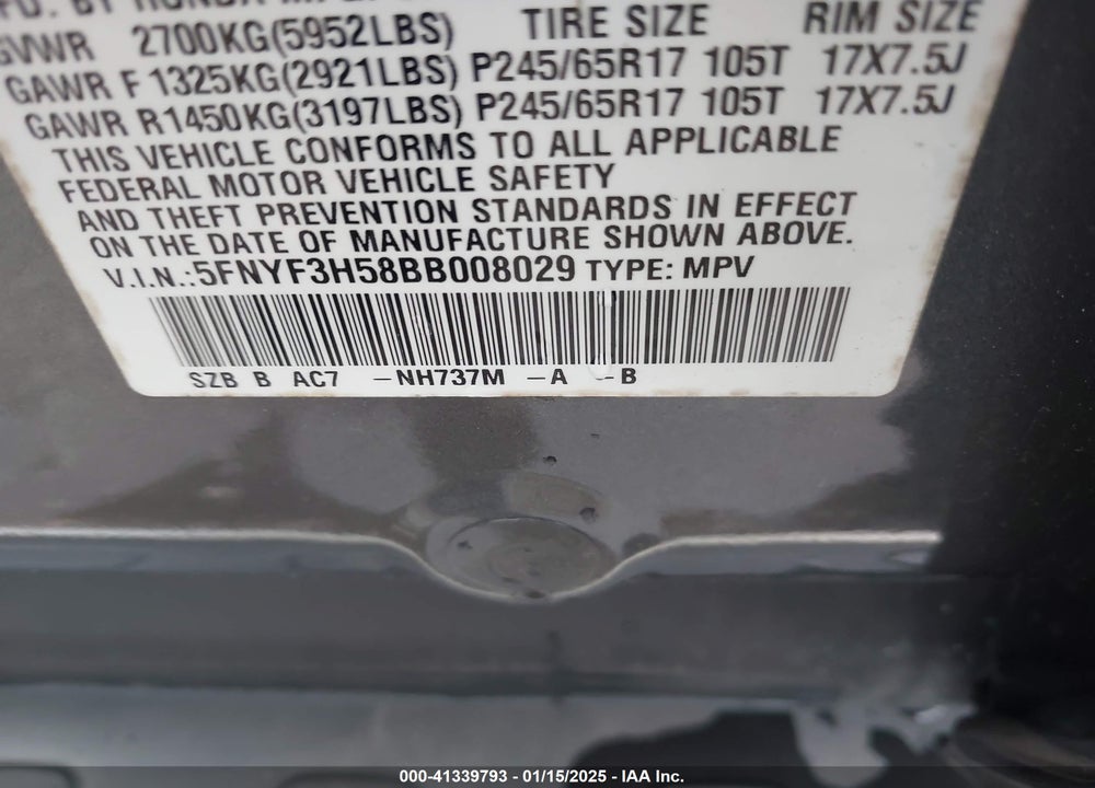 2011 HONDA PILOT VIN: 5FNYF3H58BB008029