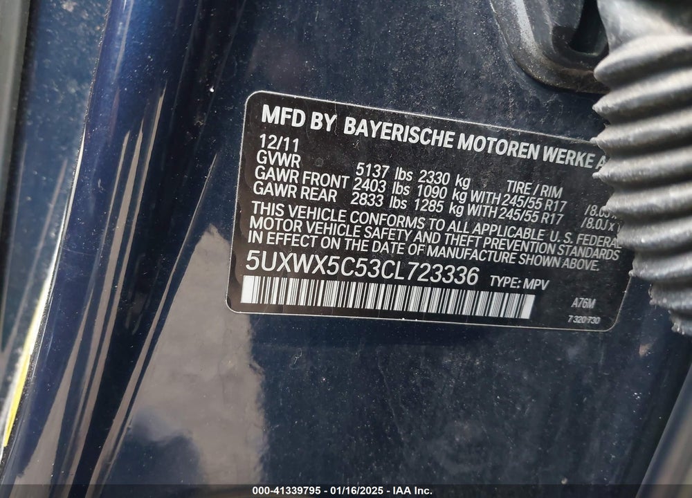 2012 BMW X3 XDRIVE28I VIN: 5UXWX5C53CL723336
