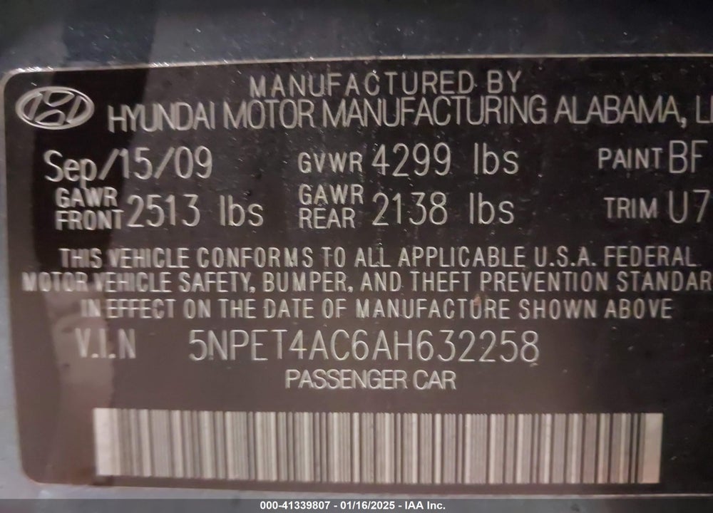 2010 HYUNDAI SONATA VIN: 5NPET4AC6AH632258