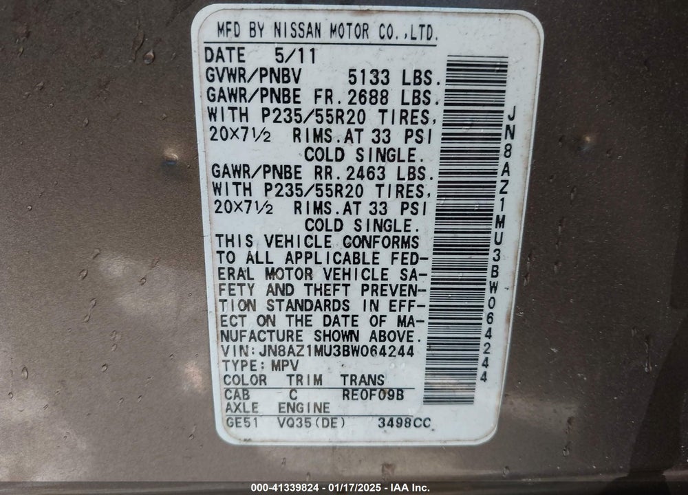 2011 NISSAN MURANO LE VIN: JN8AZ1MU3BW064244
