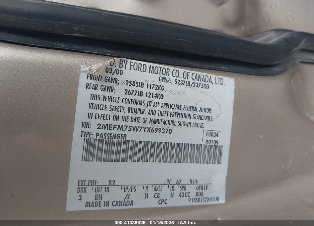 2000 MERCURY GRAND MARQUIS LS VIN: 2MEFM75W7YX699370