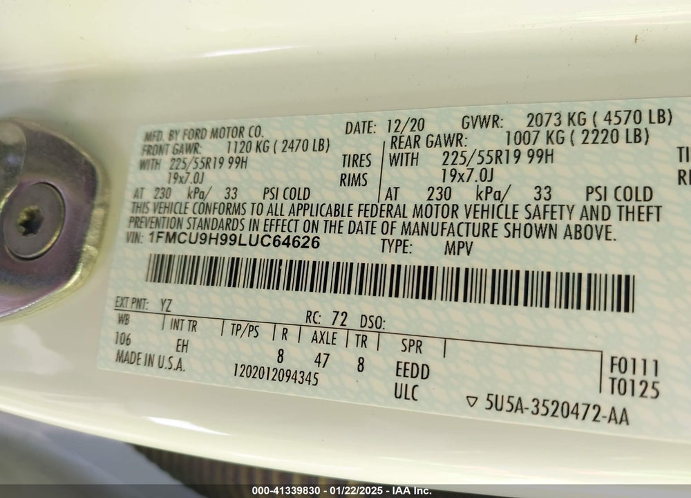 2020 FORD ESCAPE SEL VIN: 1FMCU9H99LUC64626