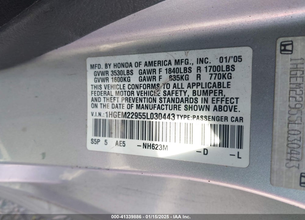 2005 HONDA CIVIC EX VIN: 1HGEM22955L030443