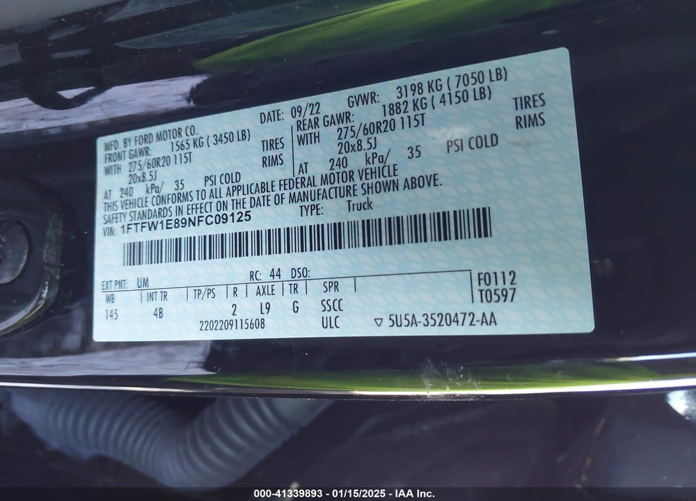 2022 FORD F150 VIN: 1FTFW1E89NFC09125