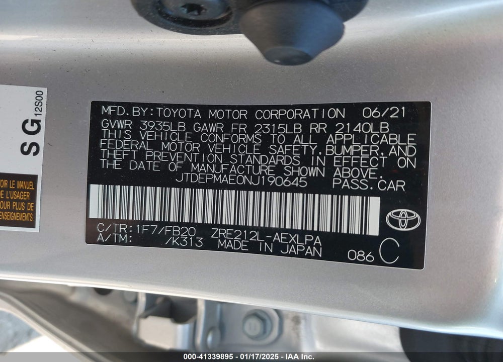 2022 TOYOTA COROLLA VIN: JTDEPMAE0NJ190645