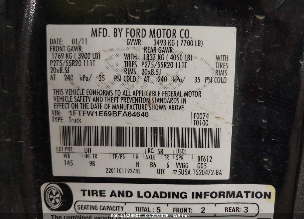 2011 FORD F150 VIN: 1FTFW1E69BFA64646