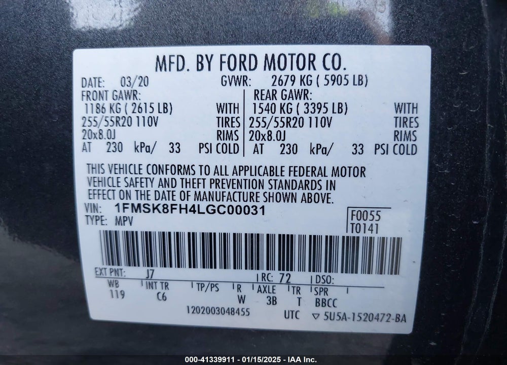 2020 FORD EXPLORER LIMITED VIN: 1FMSK8FH4LGC00031