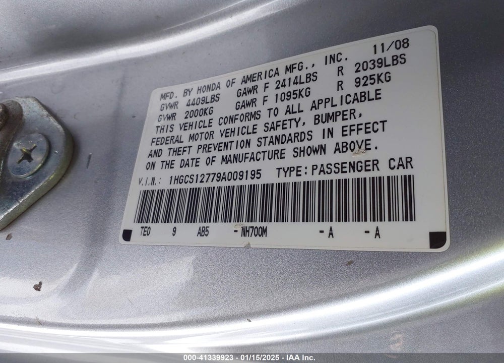 2009 HONDA ACCORD VIN: 1HGCS12779A009195