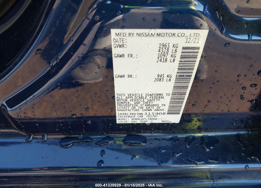 2022 NISSAN ALTIMA VIN: 1N4BL4BV3NN315908