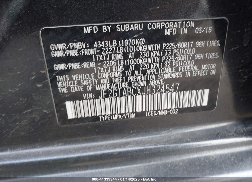 2018 SUBARU CROSSTREK 2.0I PREMIUM VIN: JF2GTABCXJH324547