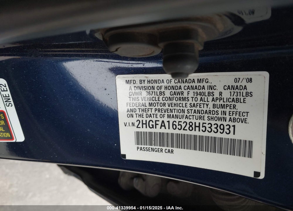 2008 HONDA CIVIC LX VIN: 2HGFA16528H533931