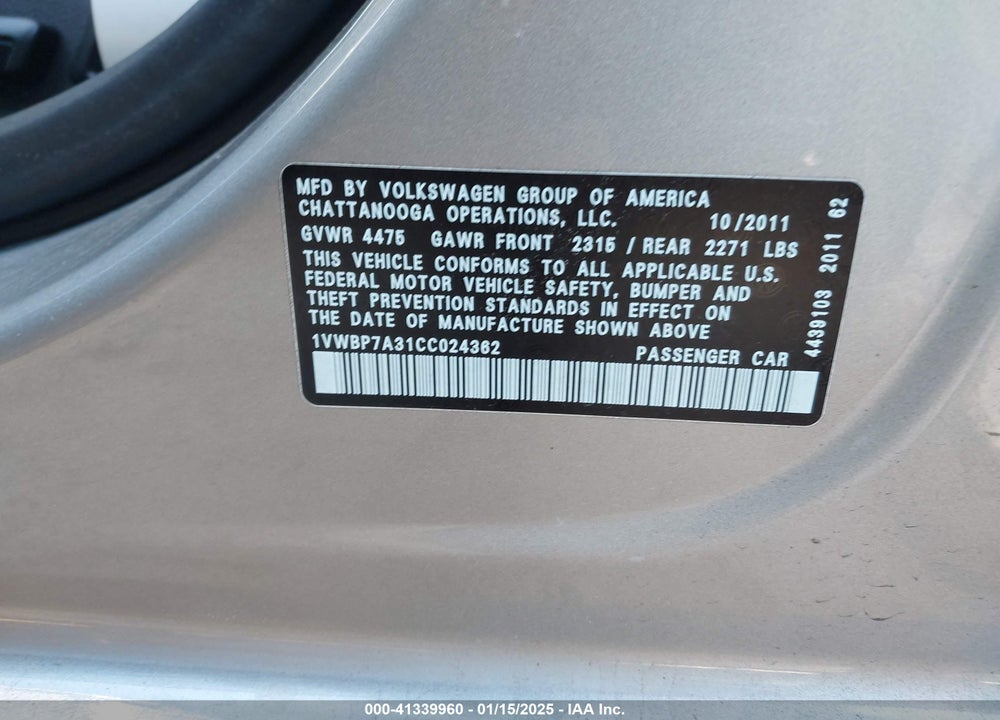 2012 VOLKSWAGEN PASSAT 2.5L SE VIN: 1VWBP7A31CC024362