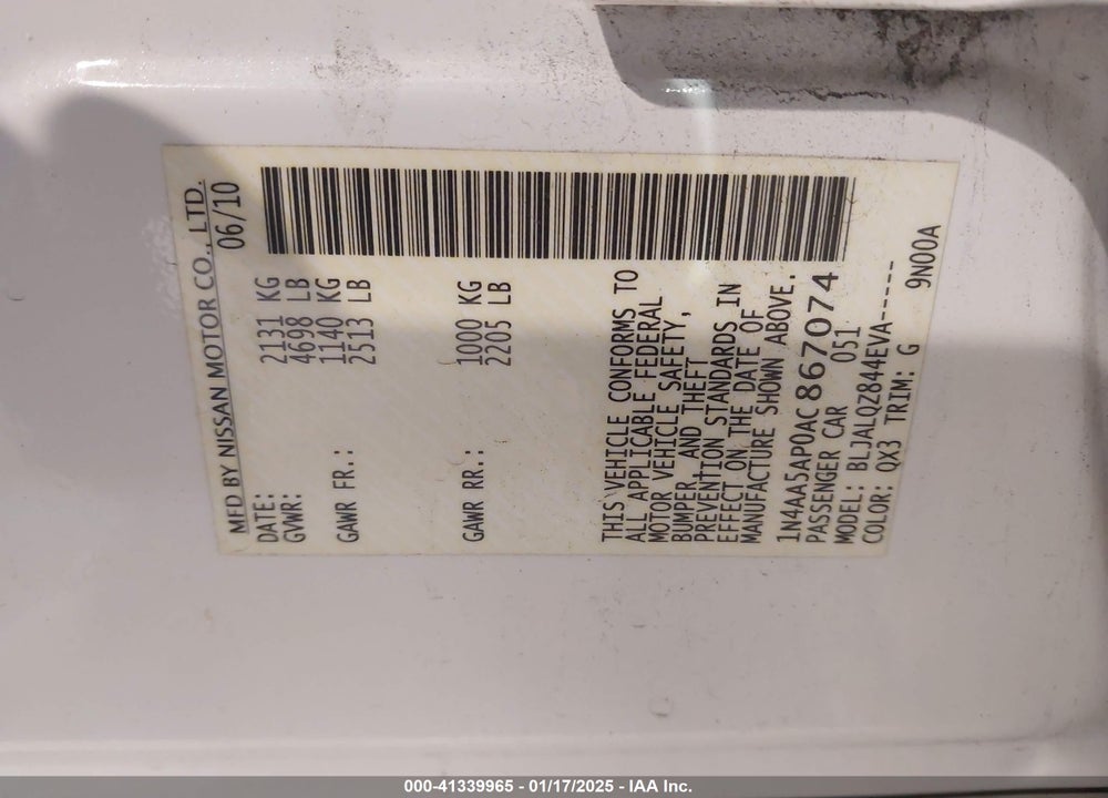 2010 NISSAN MAXIMA VIN: 1N4AA5AP0AC867074
