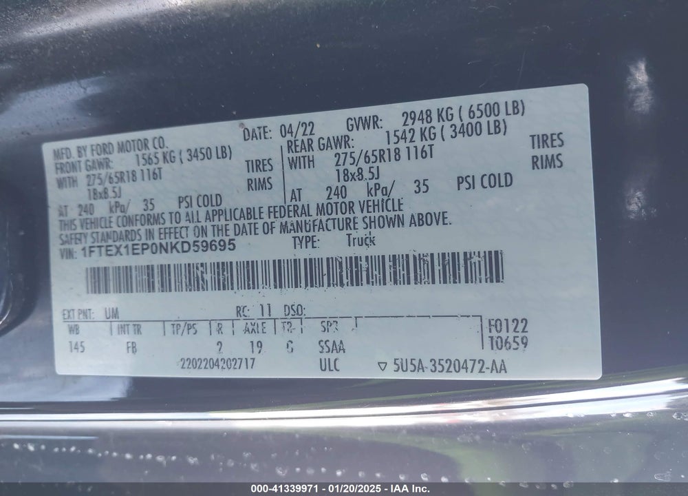 2022 FORD F-150 VIN: 1FTEX1EP0NKD59695
