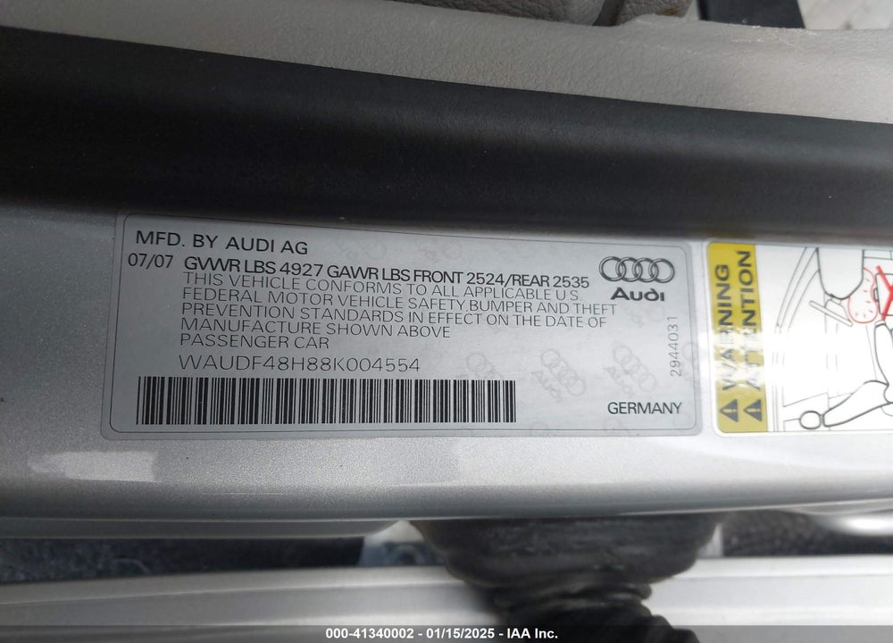 2008 AUDI A4 2.0T VIN: WAUDF48H88K004554