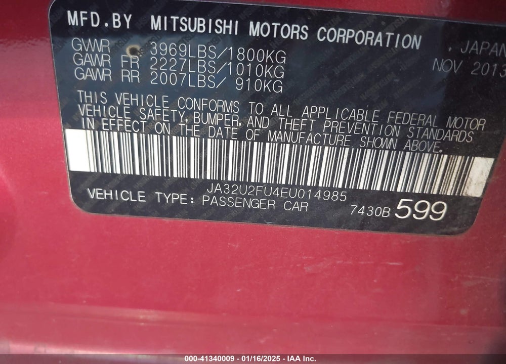 2014 MITSUBISHI LANCER VIN: JA32U2FU4EU014985