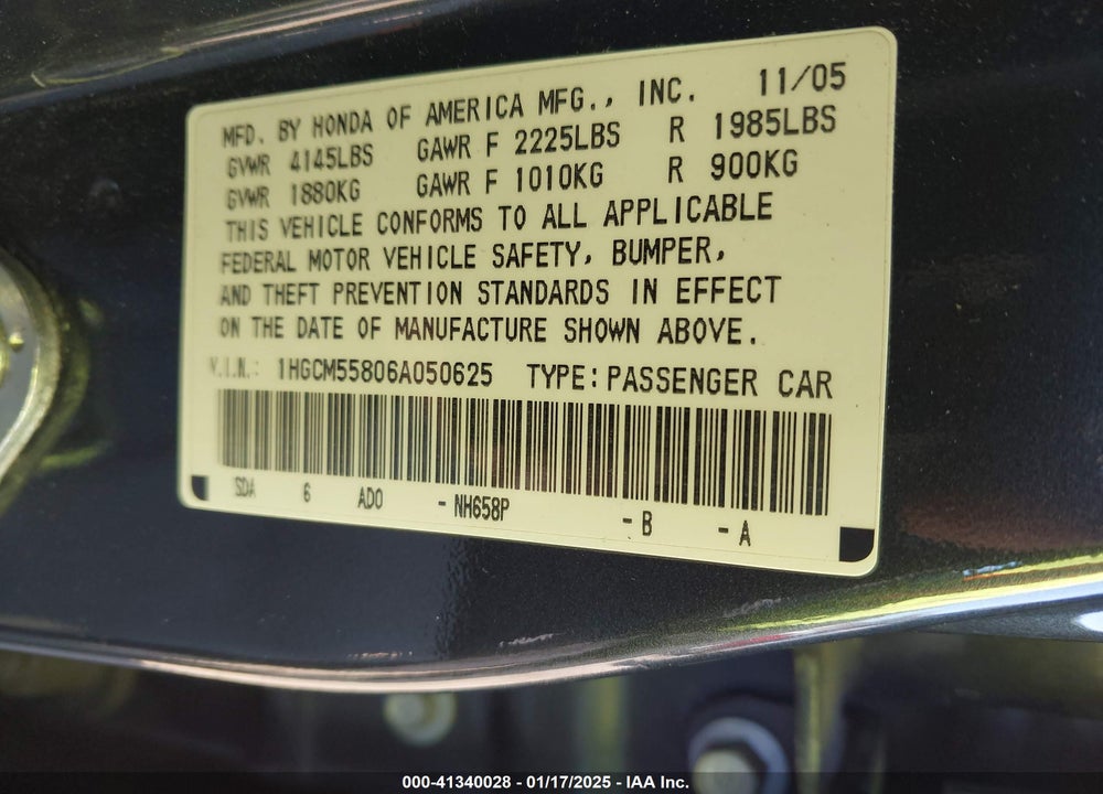 2006 HONDA ACCORD 2.4 EX VIN: 1HGCM55806A050625