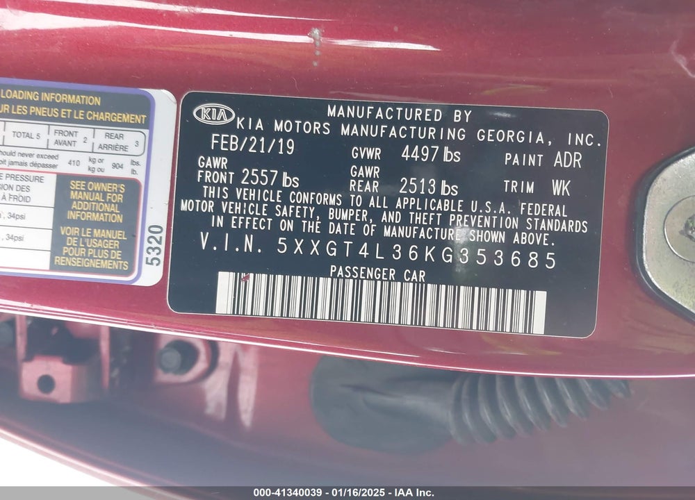 2019 KIA OPTIMA S VIN: 5XXGT4L36KG353685