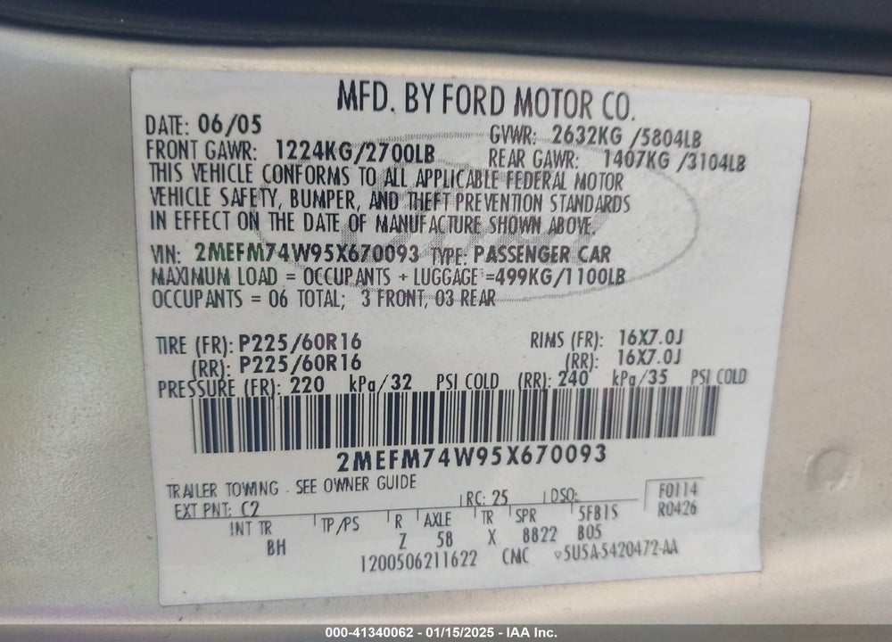 2005 MERCURY GRAND MARQUIS GS VIN: 2MEFM74W95X670093