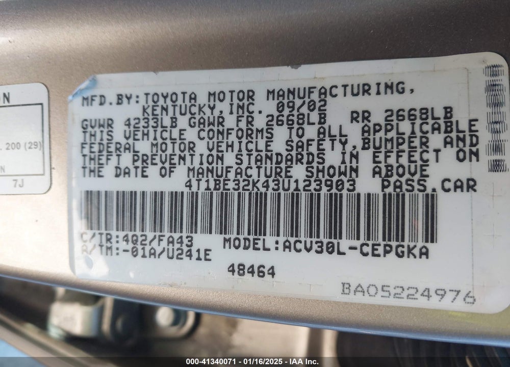 2003 TOYOTA CAMRY XLE VIN: 4T1BE32K43U123903