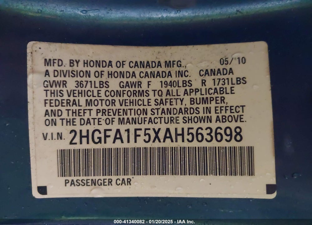 2010 HONDA CIVIC LX VIN: 2HGFA1F5XAH563698