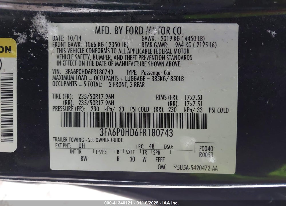 2015 FORD FUSION SE VIN: 3FA6P0HD6FR180743
