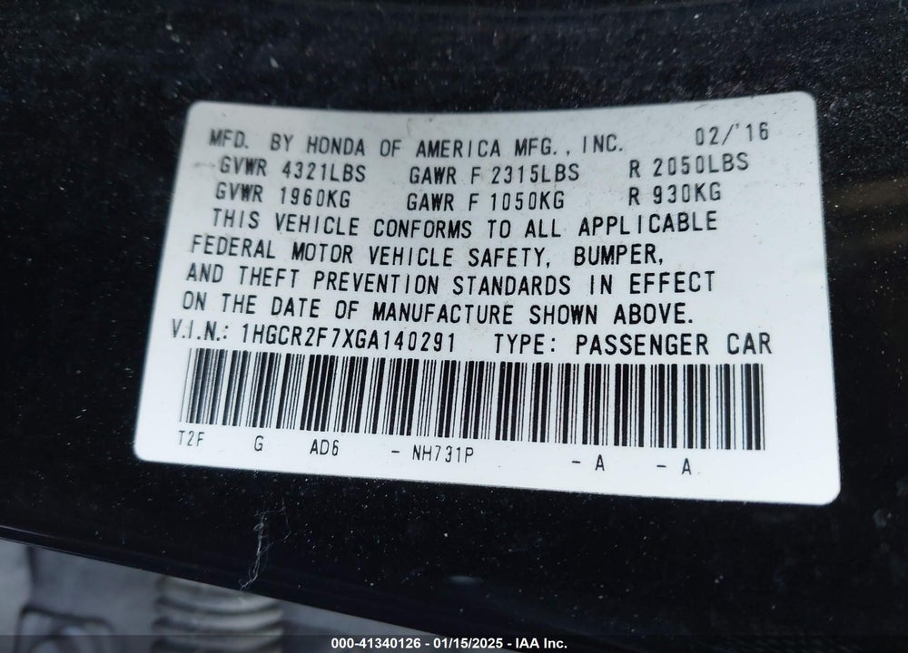 2016 HONDA ACCORD VIN: 1HGCR2F7XGA140291