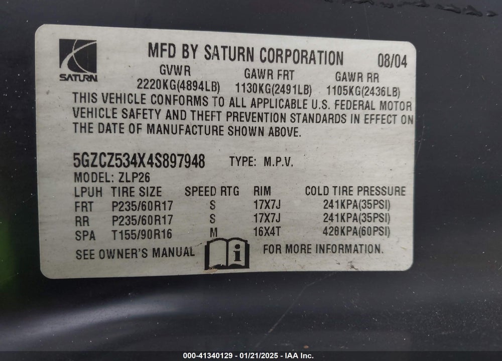 2004 SATURN VUE V6 VIN: 5GZCZ534X4S897948