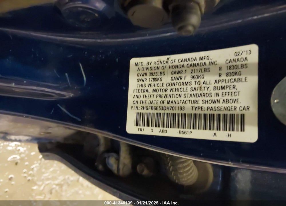 2013 HONDA CIVIC VIN: 2HGFB6E53DH701193