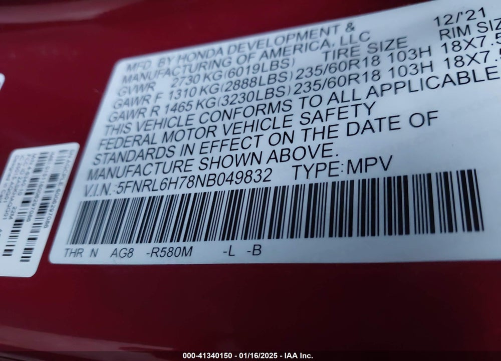 2022 HONDA ODYSSEY VIN: 5FNRL6H78NB049832