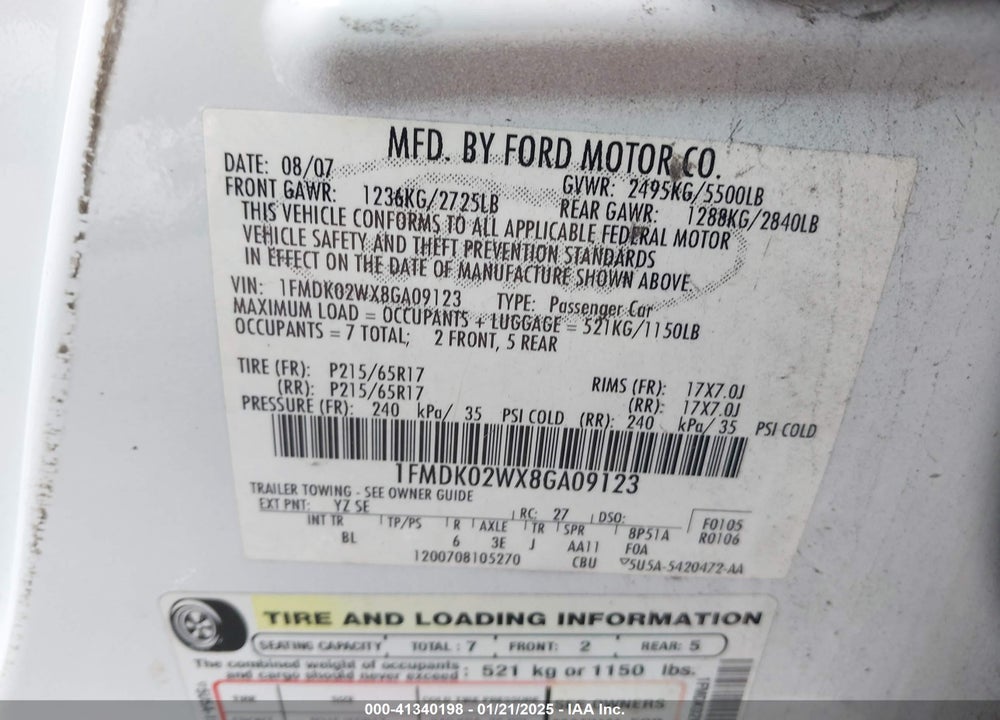 2008 FORD TAURUS X SEL VIN: 1FMDK02WX8GA09123