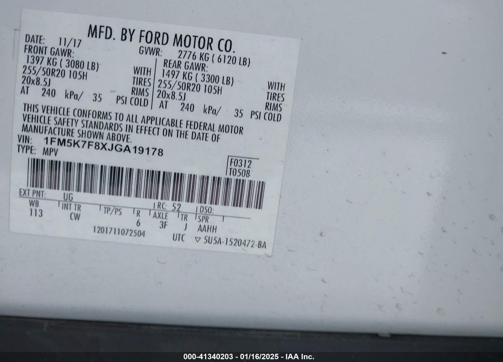 2018 FORD EXPLORER LIMITED VIN: 1FM5K7F8XJGA19178