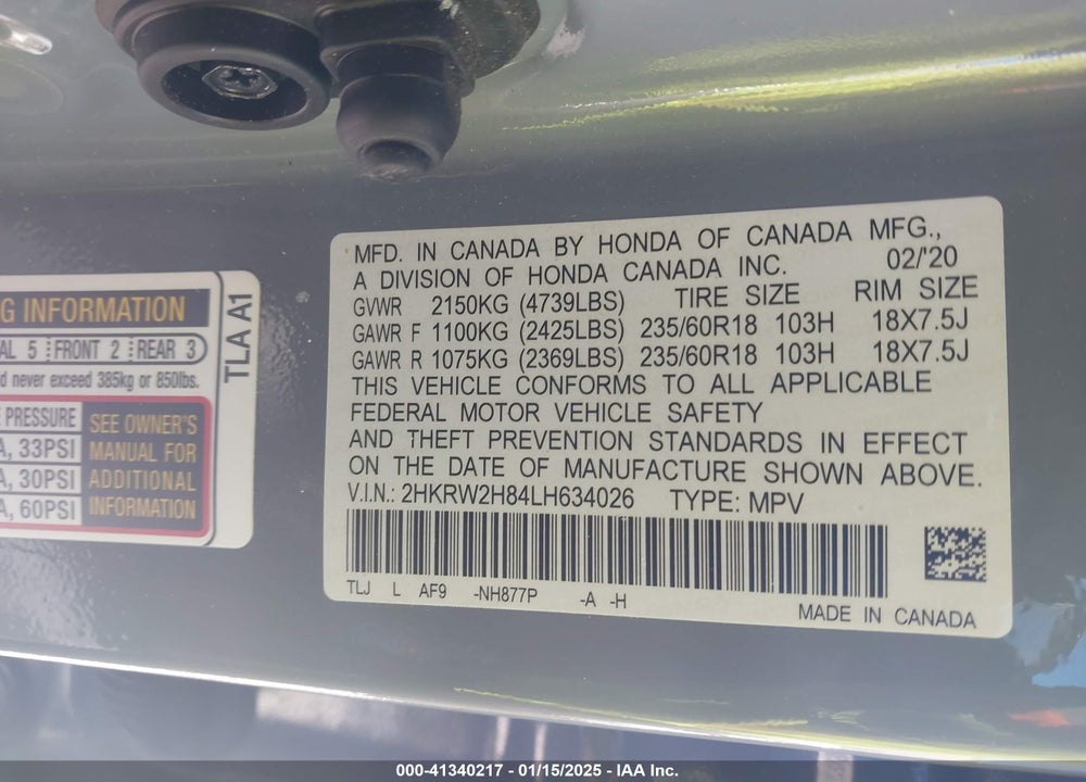2020 HONDA CR-V AWD EX-L VIN: 2HKRW2H84LH634026