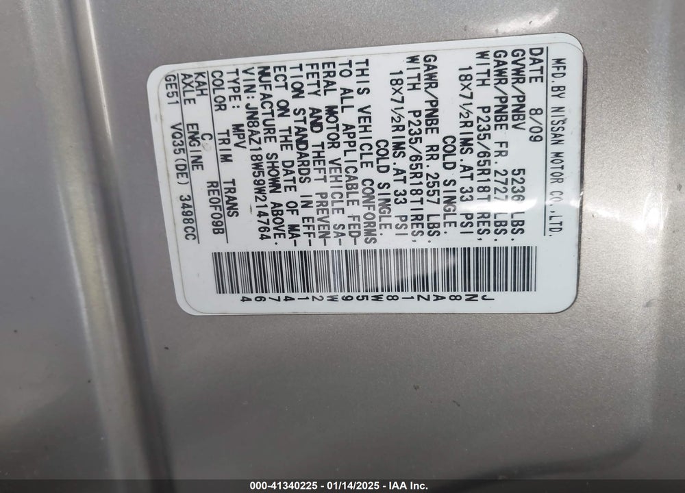 2009 NISSAN MURANO SL VIN: JN8AZ18W59W214764