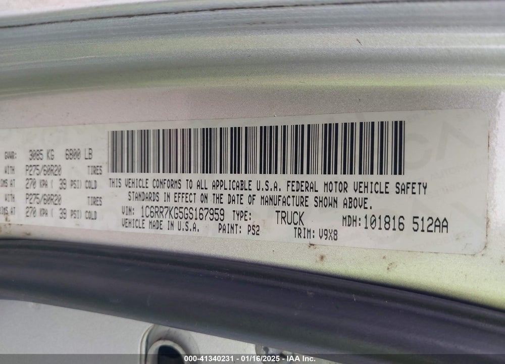 2016 RAM 1500 VIN: 1C6RR7KG5GS167959