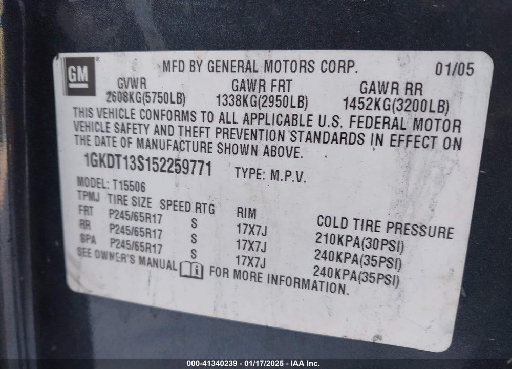 2005 GMC ENVOY SLT VIN: 1GKDT13S152259771