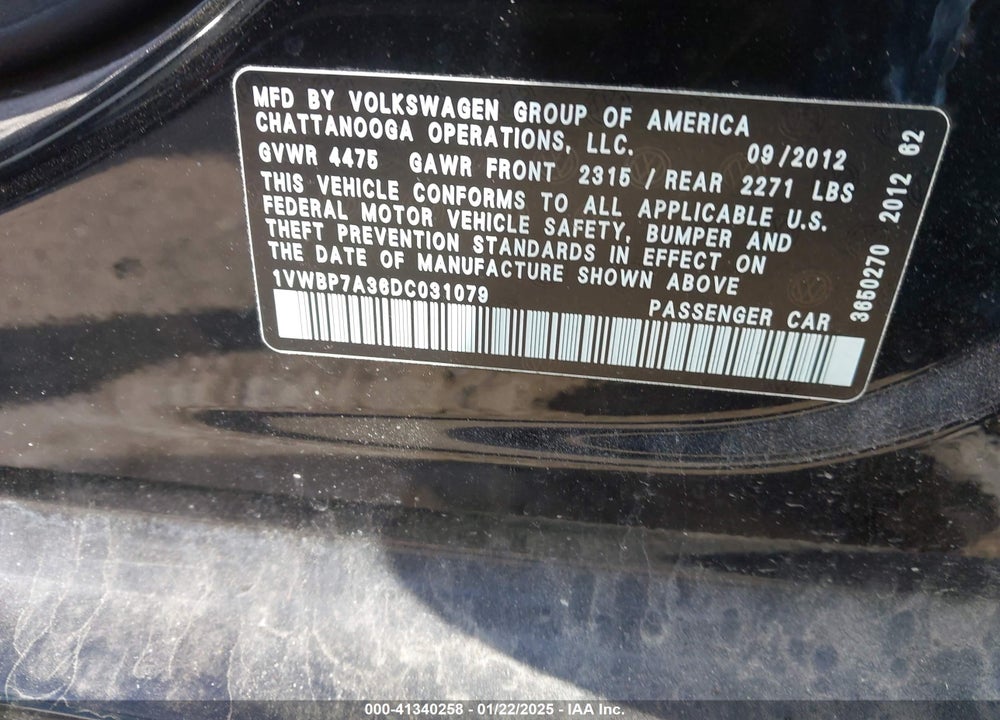 2013 VOLKSWAGEN PASSAT VIN: 1VWBP7A36DC031079